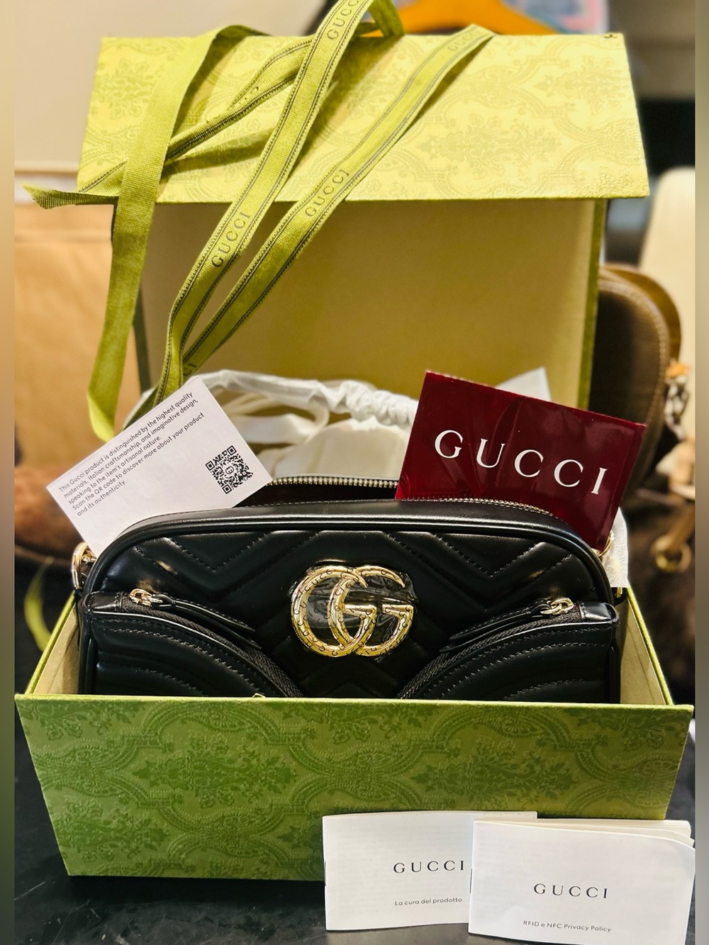 Gucci GG Marmont Authentic Flap leather 
Crossbody Bag: Logo Duster, Codes/Cards